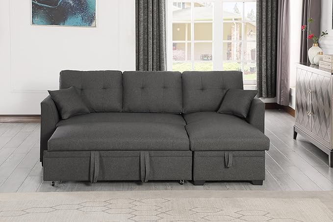 83 L-Shaped Sleeper Sectional Sofa with Storage Chaise &amp Cup Holders – Pull-Out Convertible Bed 3-in-1 Space-Saving Design for Apartments Modern Linen Fabric Easy Assembly