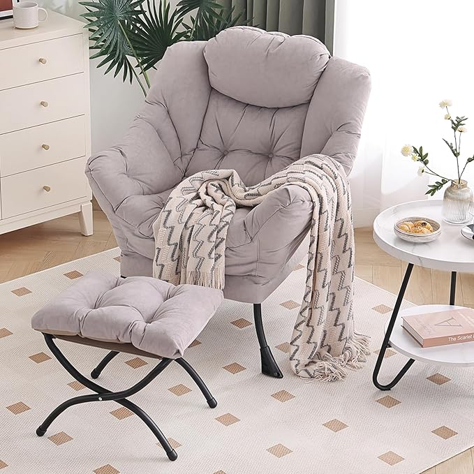 Lazy Chair with Ottoman Modern Chair with Folding Footrest Lounge Accent Chair Comfortable Reading Chair Oversized Armchairs for Bedroom Study Living Room Courtyard (Light Grey)