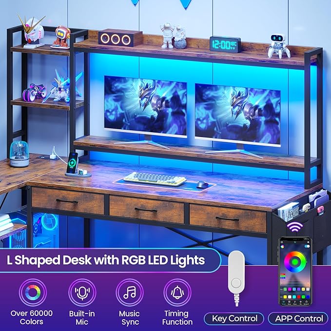 SEDETA 55 L Shaped Desk with Hutch Corner Computer Desk with Drawers &amp Shelves Reversible L Shaped Gaming Desk with Power Strip &amp LED Lights Monitor Stand Headphone Hook Rustic Brown