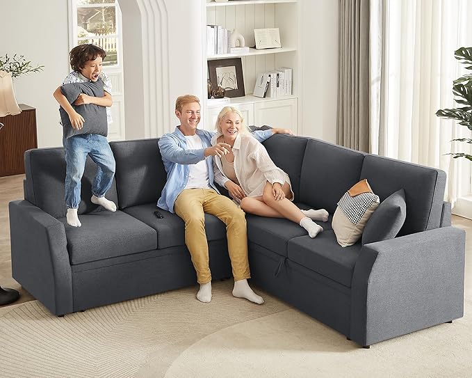 AMERLIFE Sofa Bed 85 Inch Reversible L Shape Couch with Pull Out Bed &amp Storage Seat Oversized Sectional Sleeper Bed for Living Room Apartment Grey Linen Sleeper Sofa Couch
