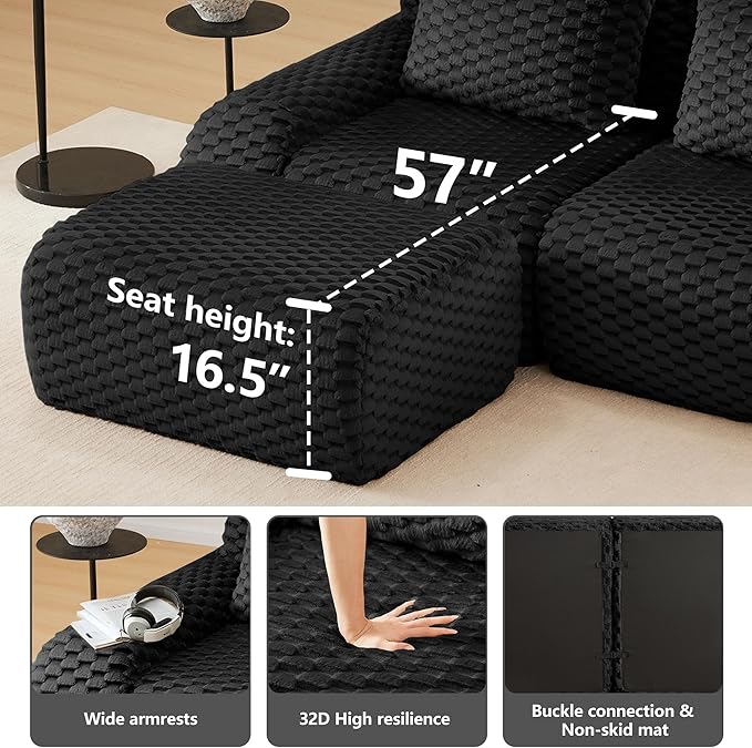 Cloud Sectional Couches for Living Room Boneless Couch Modular Sectional Sofa Modern Deep Seat Sofa with Pillows 4 Seater Comfy Floor Couch for Bedroom No Assembly RequiredBlack