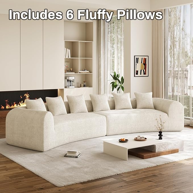 157 Oversized Curved Sofa Sectional Couch Chenille Cloud Couches Wide Armrest Deep Seat 6-Seater High Density Foam Sofas with 6 Pillows for Living Room No Assembly Needed Beige White