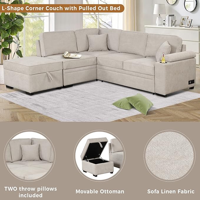 Linen L-shape Reversible Sleeper Sectional Sofa Couch with Storage Ottoman 2 in 1 Pull Out Convertible Sofa Bed with Cup Holders and USB Charging Port for Living Room Apartment Office (Beige-LI)