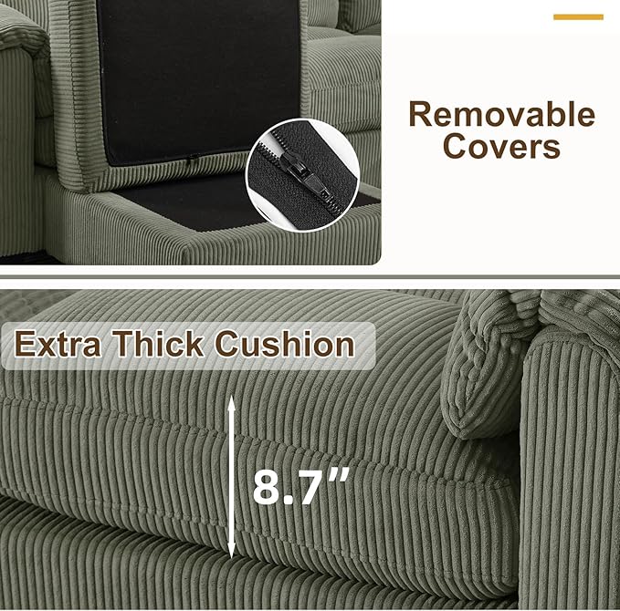 135” Modular Sectional L Shaped Corner Sofa with Movable Ottoman Corduroy 8-Seater Couches with Thick Cushion for Living Room Green