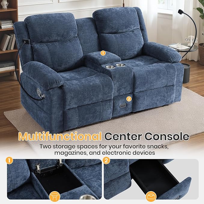 Loveseat Recliner Sofa Reclining Loveseat with Console RV Wall Hugger Double Loveseat Recliner Couch for Living Room &amp Home Theater (Blue)