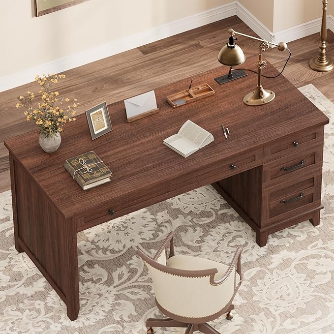 IDEALHOUSE Rustic Wood Double Desk with Built-in Charging Station &amp 4 File Drawers Spacious 2-Person Writing Table for Home Office Heavy-Duty Dual Workstation for Study &amp Work Brown