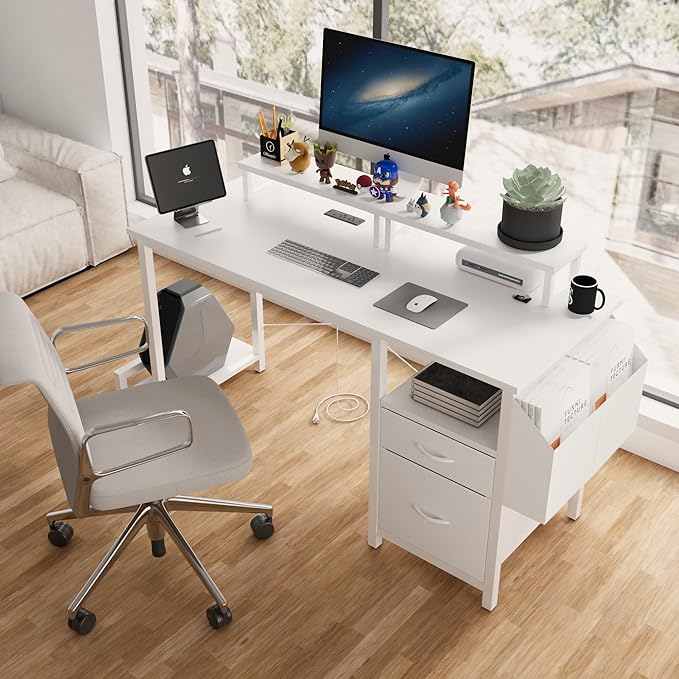 47.3 Office Desk with Power Outlet2 Monitor Stands2 DrawersSide PocketEasy to Assemblee Stability Reversibleuse for Home Desk Computer Desk Game TableWhite SF457