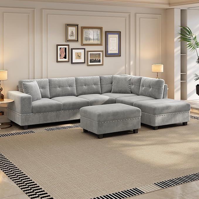 P PURLOVE Modern Sectional Sofa for Living Room Polyester L-Shape Couch with Storage Ottoman and 2 Pillows and Cup Holder Livingroom Sofa with Reversible Chaise for Apartment Studio (Gray)