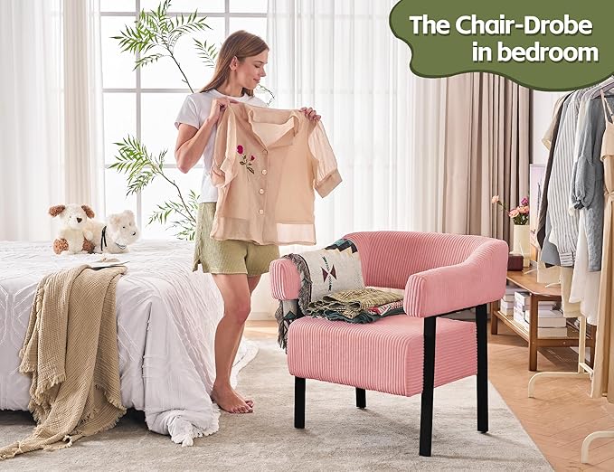 Mistpeople Corduroy Barrel Accent Chair Modern Upholstered Armchair with Metal Legs Cozy Corner Chair for Living Room Bedroom Vanity Office Reading Nook Pink Blackleg