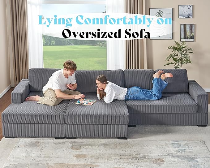 AMERLIFE 137 Inch Oversized Sectional Sofa Large Double Chaise Couch Comfy Sofa Couch with Right Chaise Grey Corduroy Sofa