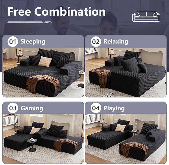 Oversized Double Chaise Lounges Indoor - 74.8 Upholstered Boneless Cloud Stupendous Oversized Chaise Lounge Couch Luxury Sofa Bed Deep Seat - Plush Corduroy Lounge Chair2 PiecesBlack