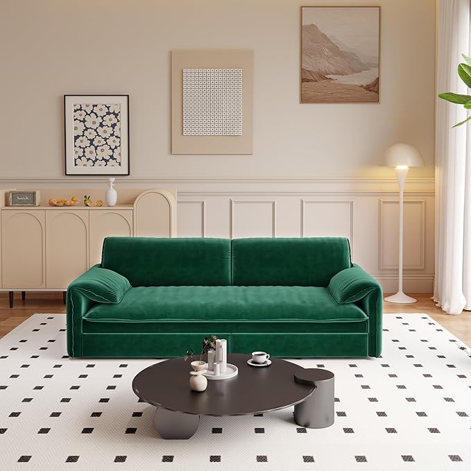 63.8 Futon Sofa Bed Queen Size Pull Out Bed 3-in-1 Convertible Sleeper Sofa with Side Pocket Modern Velvet Futon Couch for Living Room Small Space Apartment Bedroom Green
