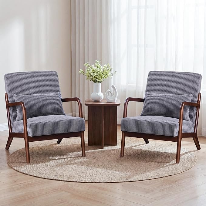 Accent Chair Comfy Arm Chair with Solid Wood Frame Upholstered Mid-Century Modern Chair for Living Room Bedroom Waiting Room Dark Grey