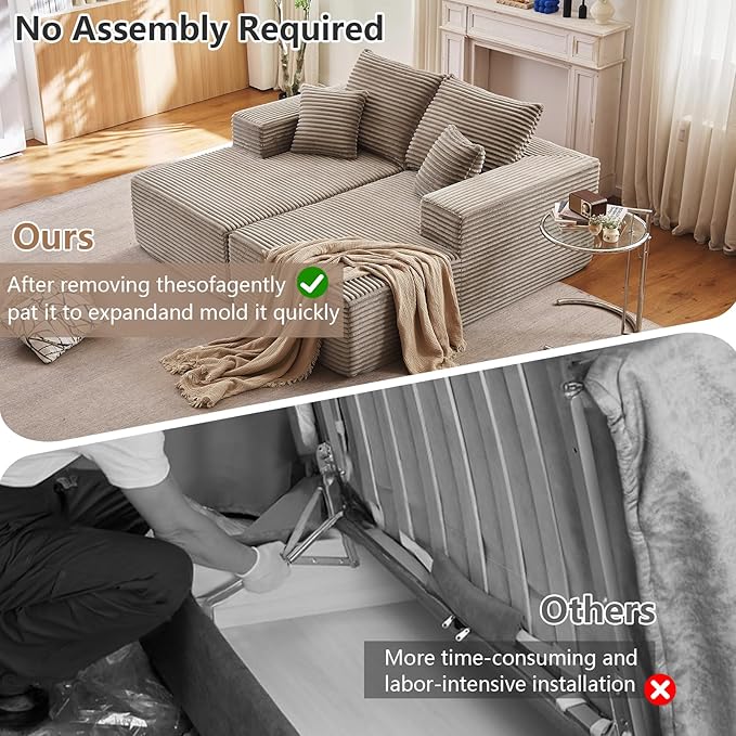 75” Oversized Sectional Double Lounge Chaise Fluffy Modern Sleeper Loveseat Sofa Chair Modern Corduroy Sleeper Loveseat Chair for Living Room Bedroom Reading No Assembly Camel