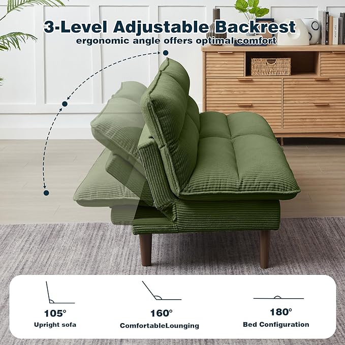 Convertible Futon Sofa Bed Modern Folding Futon Couch with 3-Level Adjustable Backrest Sleeper Loveseat Sofa Recliner Couch for Living Room Apartment Green