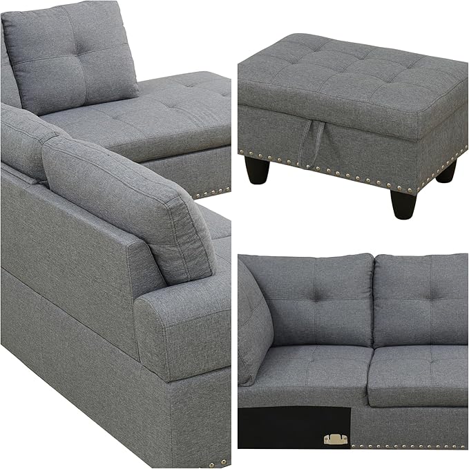 L-Shaped Sectional Sofa with Movable Chaise &amp Storage Ottoman Lounge 3-Piece Modular Convertible Couches for Living Room Apartment &amp Office Dark Grey