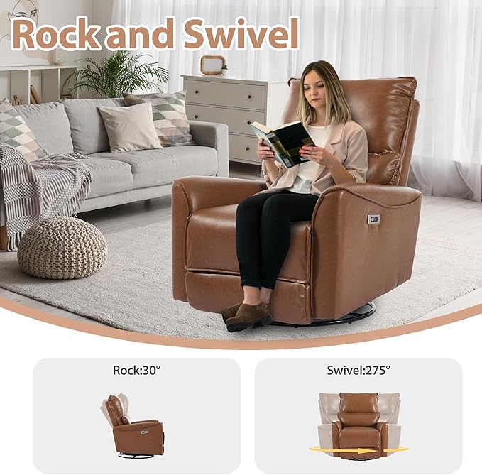 Power Swivel Rocker Recliner PU Leather Glider Electric Rocking Chair with Charging Ports and Lumbar Support Electric Wall Hugger Recliner for Living Room Bedroom Nursing RV Brown
