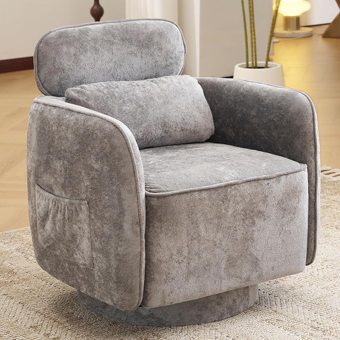 Large Swivel Accent Chair Chenille Round Barrel Chair Upholstered Armchair for Living Room Bedroom Modern Round Armchair Single Sofa with Adjustable Headrest Grey