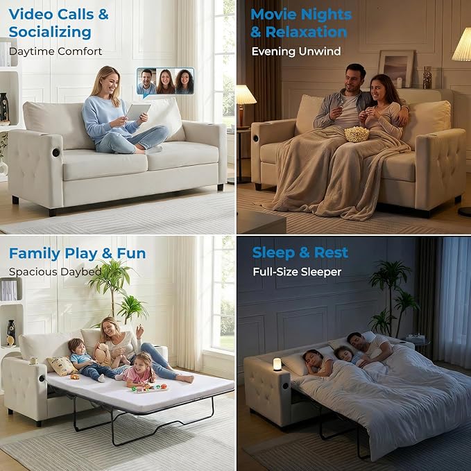 Mjkone 2-in-1 Full Size Pull Out Sofa Bed 72 Convertible Sleeper Couch Beds Velvet Sleeper Sofa Couch with Mattress USB Charging Ports Cup Holders Guest Beds for Living Room Apartment Beige