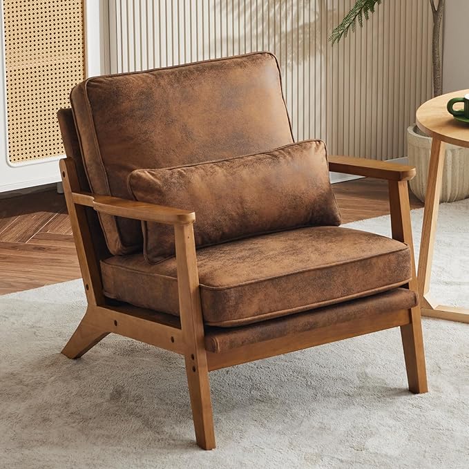 VINGLI Solid Wood Wide Armrests Accent ChairUpholstered Mid Century Modern Chair with PillowComfy Reading Chair Farmhouse Arm ChairChairs Living RoomBedroomGuest RoomSuedeRustic