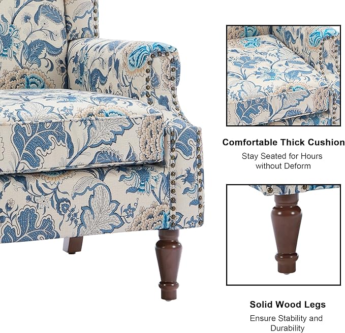 Floral High Back Accent Chair Upholstered Armchair with Solid Wood Legs Comfy Wingback Reading Single Sofa Chair for Small Spaces Living Room Bedroom(Floral Boho Blue Set of 1)
