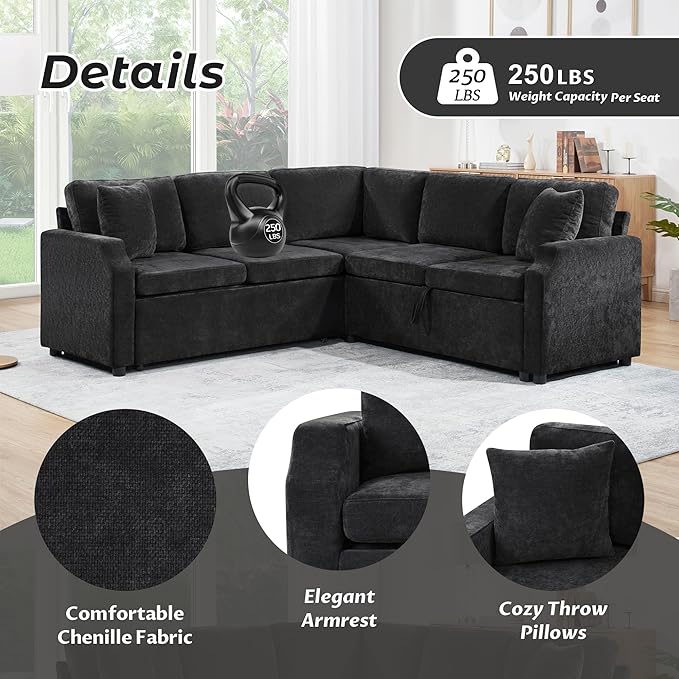 81.9 Sectional Sofa Convertible Pull-Out Sofa Bed Upholstered L-Shaped Sofa Couch with a Sofa Sleeper and a Hidden Storage Compartment for Living Room Apartment (Black-7.2)