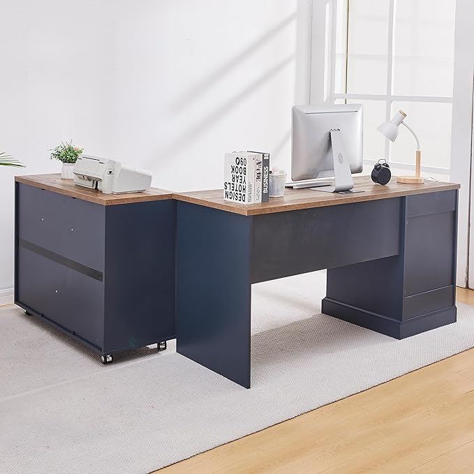 60 L-Shaped Executive Desk with 40 File CabinetFarmhouse Home Office Desk with Charging StationWood Computer Desk Set for Office WorkHome Study (Blue)
