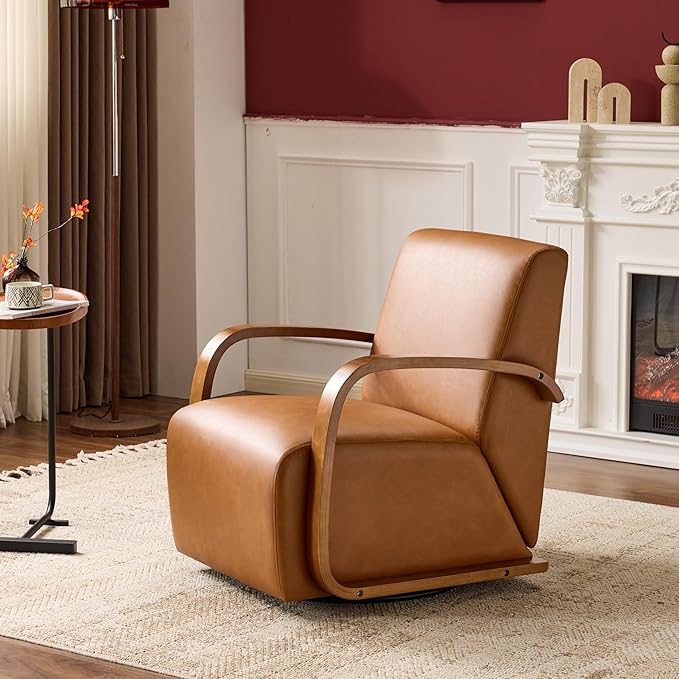Modern Comfortable Reading Chair360°Swivel Accent Chair with Solid Wood Curved ArmsElegant Knit Linen Single Sofa for Living RoomBedroomOfficeReading NookAntique Brown Set of 2