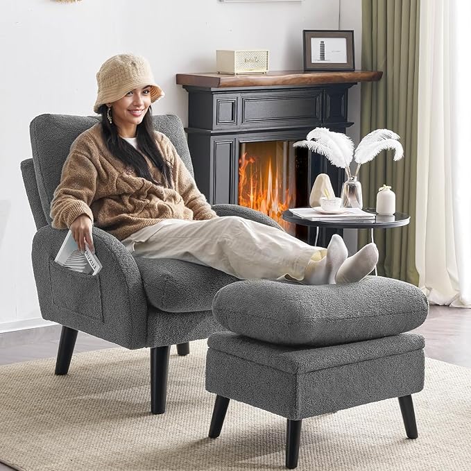 ELUCHANG Accent Chairs with Ottoman Upholstered Comfy Armchair with Adjustable Backrest&ampStorage Footrest Lazy Chair Reading Chair Leisure Sofa Recliner for Living Room Bedroom (Grey - Teddy Fabr