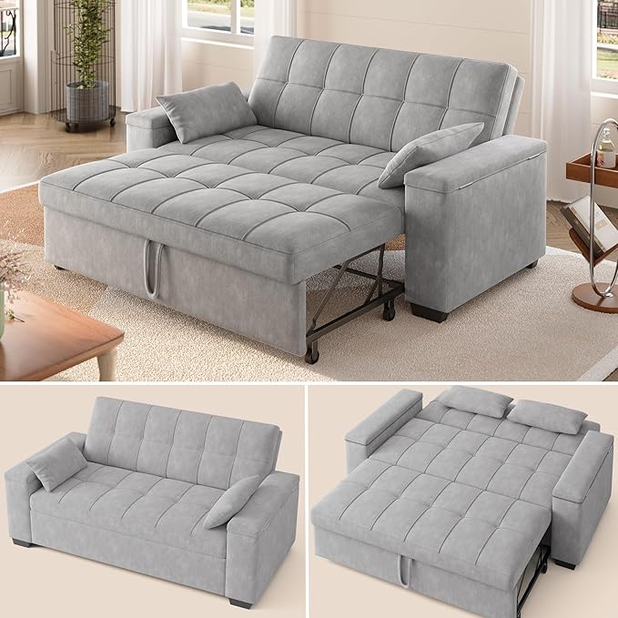 Gizoon Convertible Sofa Bed Futon Queen Size Sleeper Loveseat with Pull Out Couch 3 in 1 Plush Fleece Fabric Futon Couch with Side Pockets Storage Armrest &amp Adjustable Backrest for Living Room