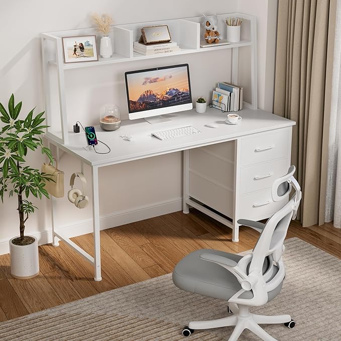 DLisiting White Computer Desk with Hutch &amp Drawers - Office Desk with 3 Storage Drawers and Power Outlets 47 Inch Modern Study Writing Desk for Bedroom Home Office