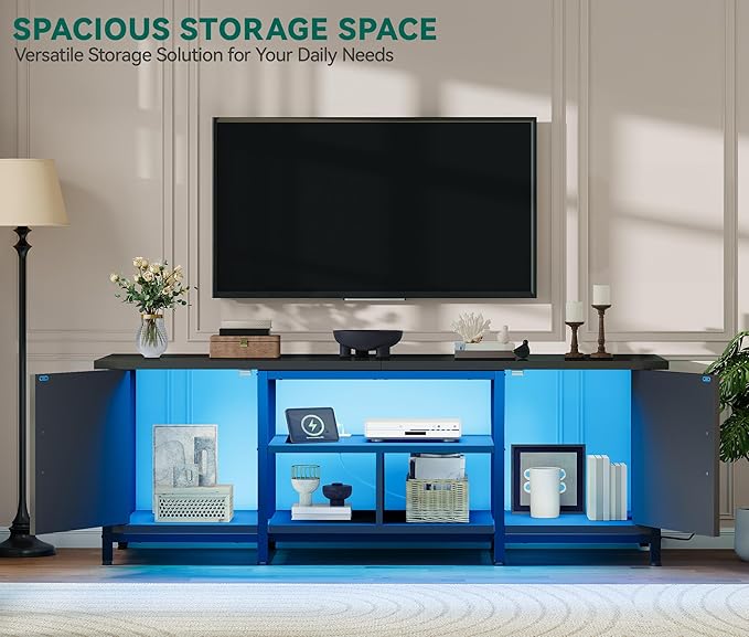 YITAHOME TV Stand with LED Lights &amp Charging Station Farmhouse Entertainment Center with Storage Cabinets &amp Shelves Cross-Pattern Doors Fits TVs up to 70'' TV Consoles for Living Room Bla