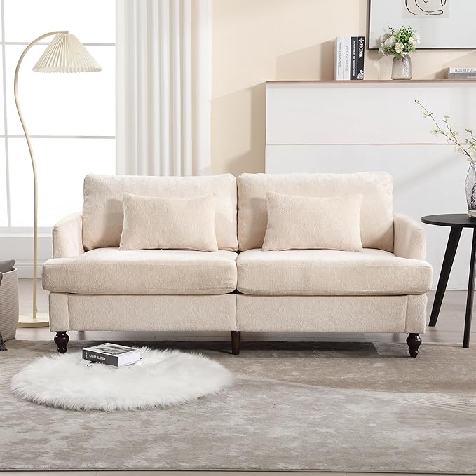 69” Modern Chenille Loveseat Sofa Couch Upholstered 2 Seat Love Seat Deep Seat Small Couch with 2 Pillows and Sturdy Wood Legs for Living Room Bedroom Apartment (Beige)
