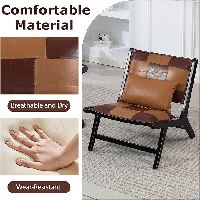 Modern Comfortable PU Leather Armless Mid-Century Style Lounge Armchair Brown Solid Wood Chair Floral Pattern Sofa Chair for Living Room/Office/Balcony/Bedroom (Brown Set of 1)