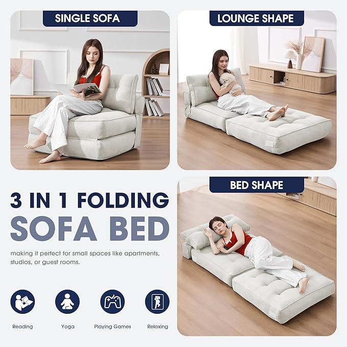 KINGYES Folding Chair Bed 3 in 1 Convertible Sleeper Chair with Pillow Foldable Futon Chair for Living Room Beige