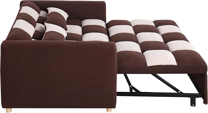 Convertible Sofa Bed - 53.5'' Loveseat Sleeper Sofa3-in-1 Teddy Velvet Pull-Out Bed with Adjustable BackrestMulti-Functional Lounge Chair for Living RoomSmall Space(Brown + Beige)