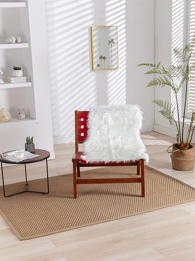 Solid Wood Frame Chair with White Faux Wool. Modern Accent Chair Lounge Chair for Living Room