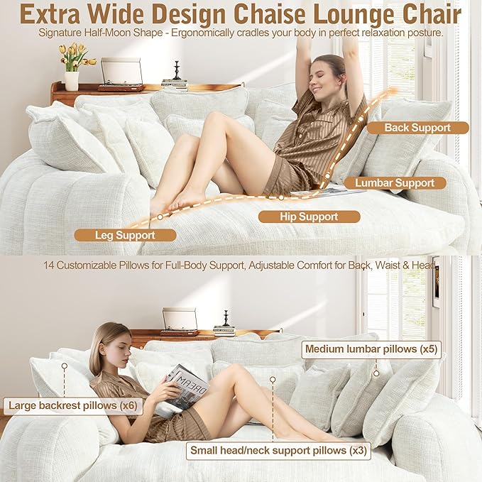 82'' Oversized Upholstered Sofa Bed Round Chaise Lounge Chair Indoor Modern Chenille Boneless Couch No Assembly Required Plush Sleeper Chair with 14 Pillows for Living Room Beige