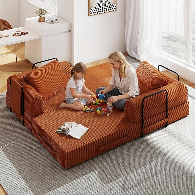 78'' Sleeper Couch Bed for Living Room Convertible Modular Sofa with Fixed Frame &amp Side Pocket Corduroy Futon Boneless Couches in a Box No Assembly Orange
