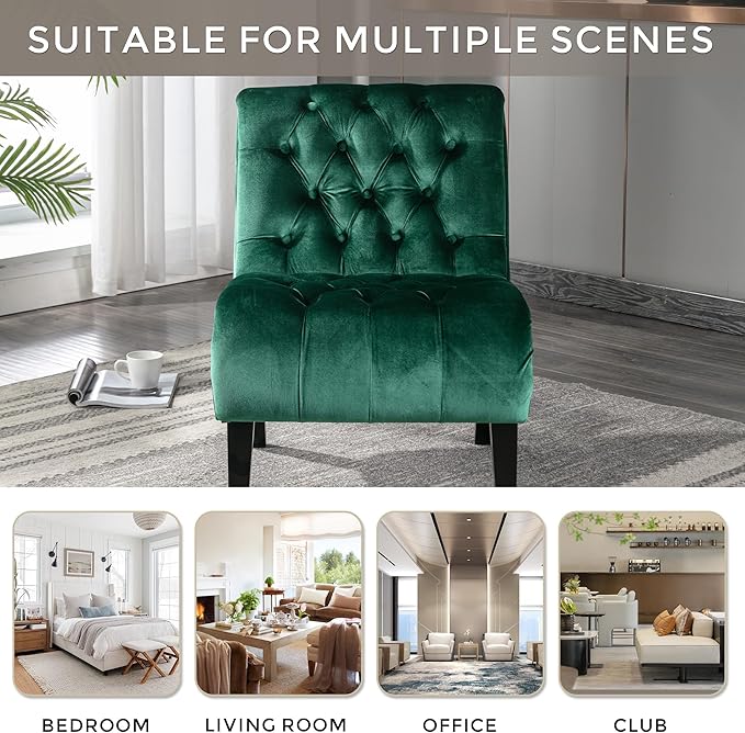 Green Velvet Accent Chair Comfortable Armless Chair with Upholstered Velvet Foam Cushion &amp Wooden Legs for Living Room Bedroom Office
