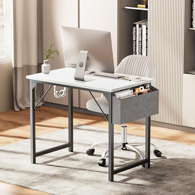 Sweetcrispy Computer Small Office Desk 32 Inch Kids Student Study Writing Work with Storage Bag &amp Headphone Hooks Modern Simple Home Bedroom Table - White