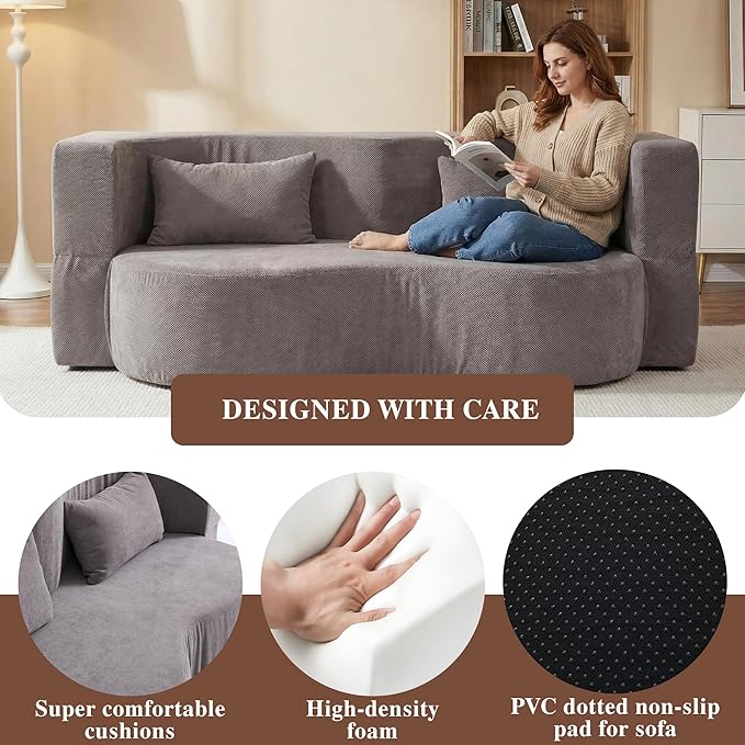Convertible Sofa Bed 78'' Queen Size Folding Sleeper Sofa with Pillow 2-in-1 Teddy Fabric Boneless Loveseat Floor Couch &amp Mattress for Living Room Guest Room No Assembly Required (Grey)