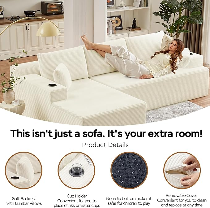 105 Modular Sectional Sofa L-Shaped Couch for Living Room Cloud Sofa with Deep Seat Memory Foam and Oversized Chaise Plush Corduroy Boneless Couches No Assembly Required White