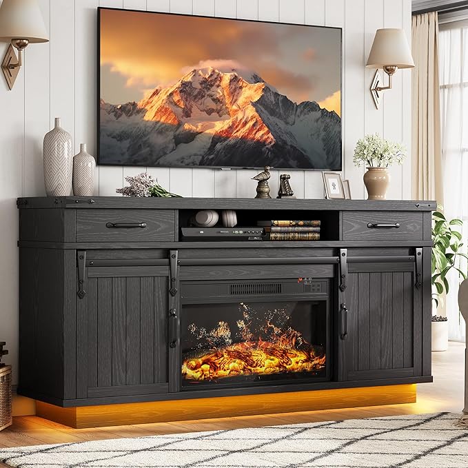 Fireplace TV Stand for TVs up to 65 Electric Fireplace with 3D Flame Farmhouse LED Light Entertainment Center TV Console with with 2 Drawers Sliding Barn Door for Living Room - Black