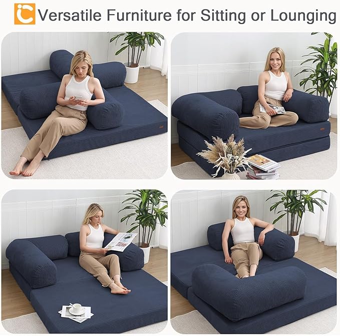COMAX Folding Sofa Bed Queen 4-in-1 Foldable Floor Couch Convertible Futon Sofa with Armrests Sleeper Mattress Fold Out Chair Bed Lounge Guest for Living Room Navy Blue