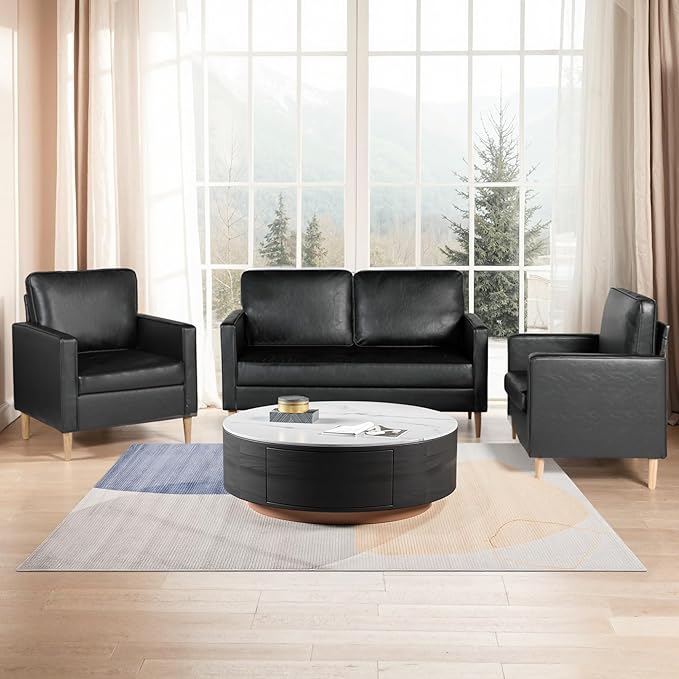 AILEEKISS Mid-Century Sectional Sofa Couch Set Faux Leather Office 3 Pcs Couch Set with Armrest Modern Upholstered Loveseat Couches for Livingroom (1-Seater+1-Seater+2-Seater Black)