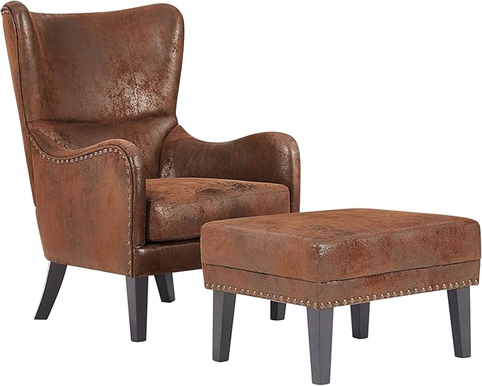 Mid-Century Modern Accent Chairs with Ottoman Footstool Set Wingback Club Chair with Footrest Set Nailhead Trim | Solid Wood | Vintage Distressed Including Chair and Ottoman