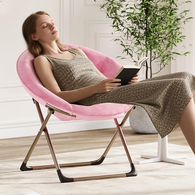 Garvee Saucer Chair Comfy Chair Faux Fur Lounge Moon Chair with Folding Metal Frame Oversized Plush Foldable Flower Accent Seat for Adults Teens Bedroom Dorm or Living Room(1PCS Pink)