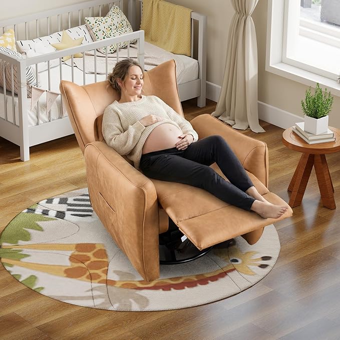 Bonzy Home 270° Swivel Power Recliner Chair 30° Rocking Chair with Lumber Cushion and Highly Enveloping Backrest Electric Reclining Home Theater Seat for Nursery Bedroom Living Room Brown