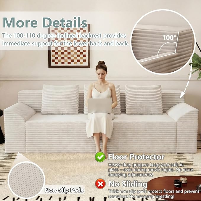 71 Cloud Loveseat SofaBoneless Deep Seat 2-Seater with 3 Pillows&ampSide PocketNo Assembly Foam Floor CouchPlush Corduroy FabricModern Living Room Sofa for Small Space (Tilted Armrest White)